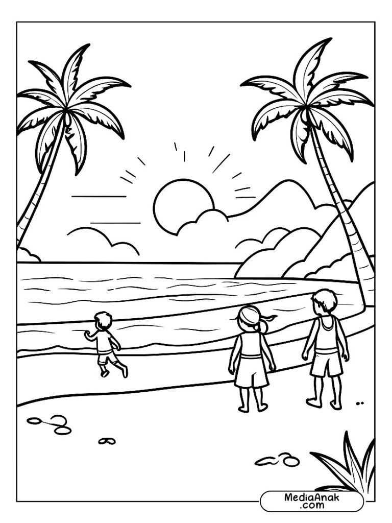 Dua anak bermain di tepi pantai dengan matahari terbenam di cakrawala dan pohon kelapa di latar belakang.