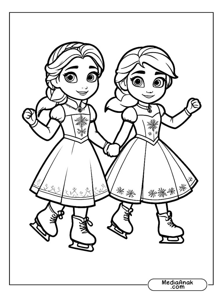 Gambar Anna dan Elsa bermain seluncur es di danau beku sambil bergandengan tangan.