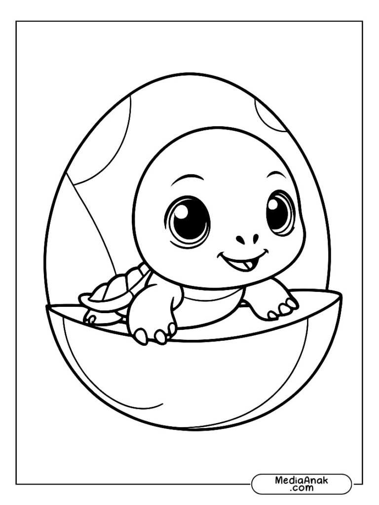 Gambar bayi kura-kura mengintip keluar dari cangkangnya dengan ekspresi penasaran.