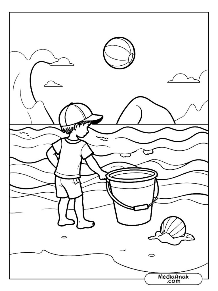 Anak bermain bola pantai di dekat ombak, dengan ember dan sekop di sampingnya.