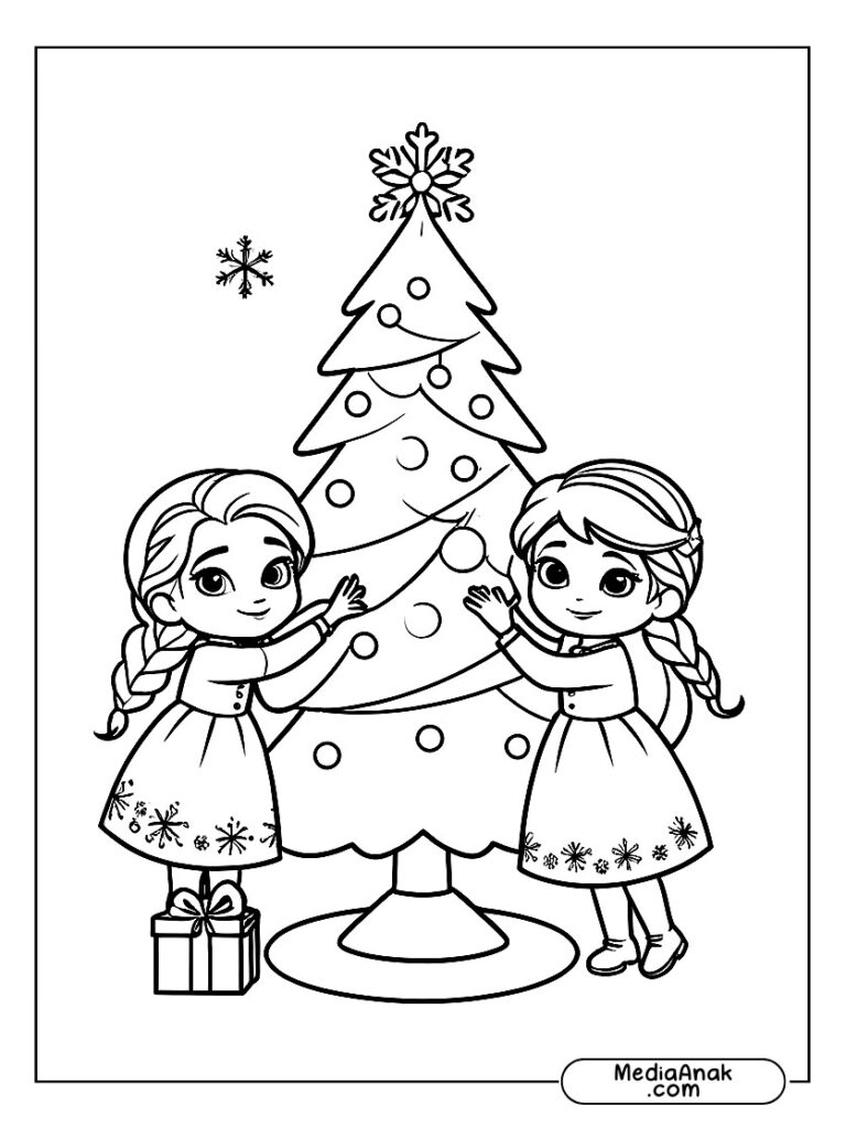Gambar Elsa dan Anna menghias pohon Natal dengan salju dan lampu.