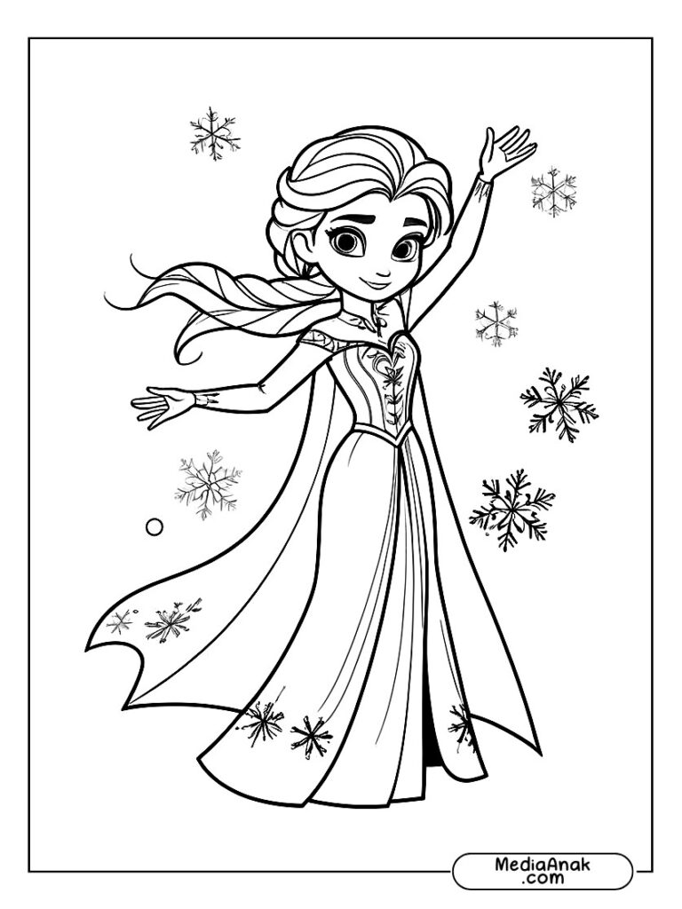 mewarnai frozen Gambar Elsa berdiri anggun, menciptakan kepingan salju dengan sihirnya.