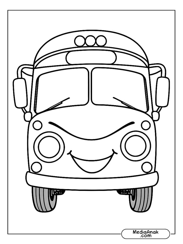 Bus kartun dengan roda besar dan ekspresi tersenyum untuk mewarnai anak-anak.