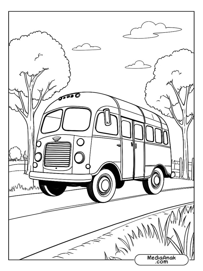 Bus vintage dengan bodi membulat dan lampu klasik di tepi jalan pedesaan.