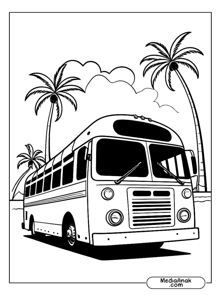 mewarnai Bus wisata terparkir di dekat pantai dengan latar belakang pohon kelapa.