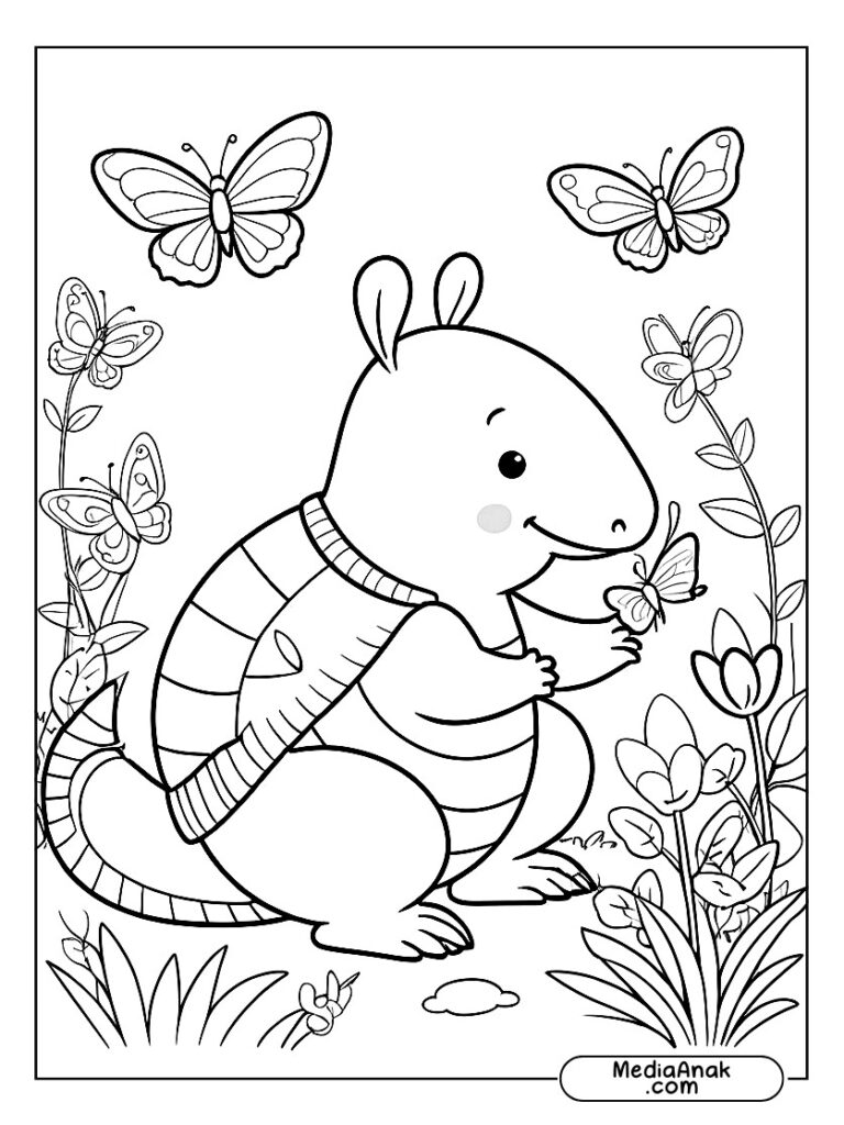 Armadillo bermain dengan kupu-kupu di taman.
