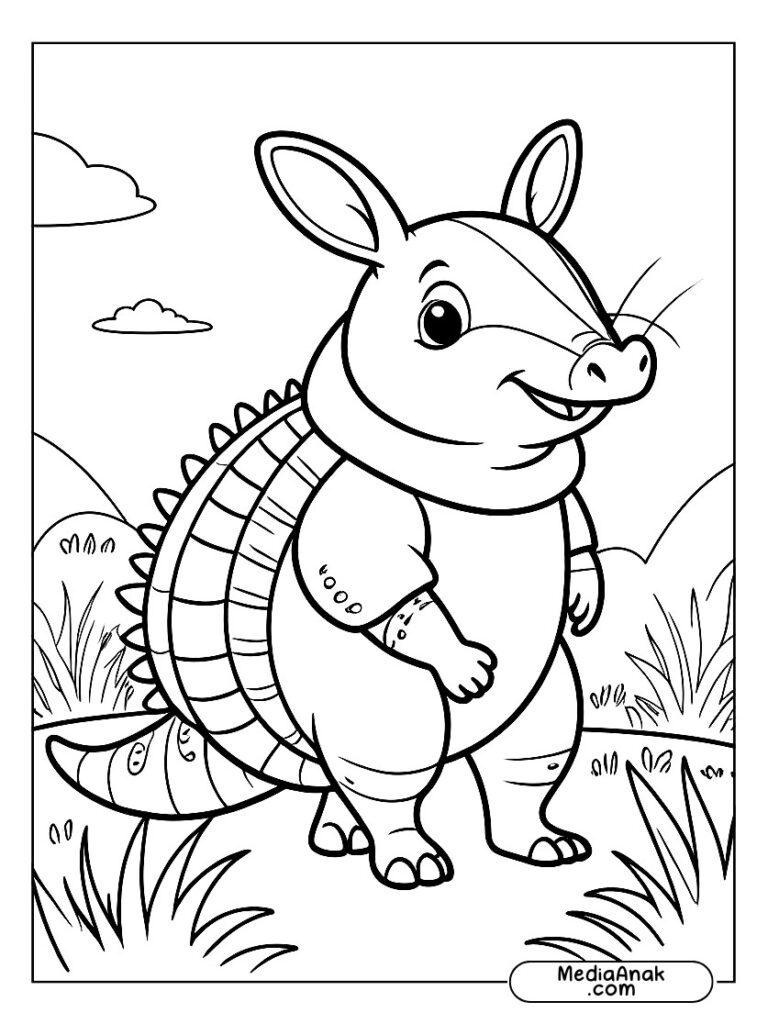 mewarnai Armadillo lucu berdiri di atas rerumputan, siap untuk diwarnai.