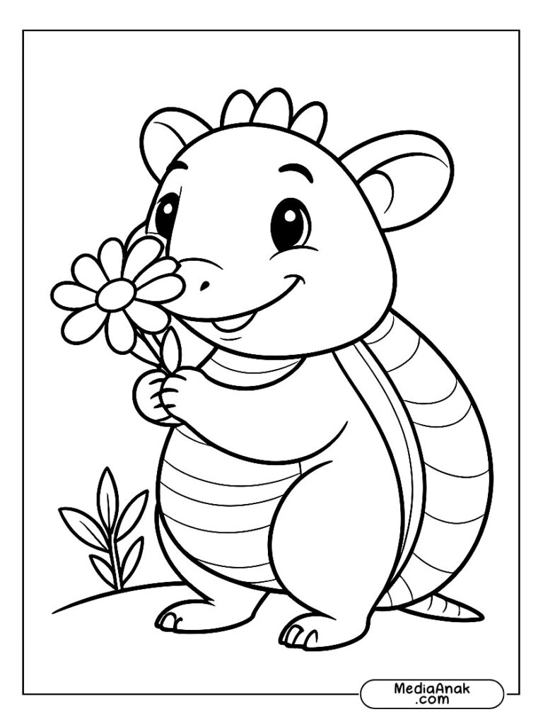 Armadillo memegang bunga dengan ekspresi ceria.