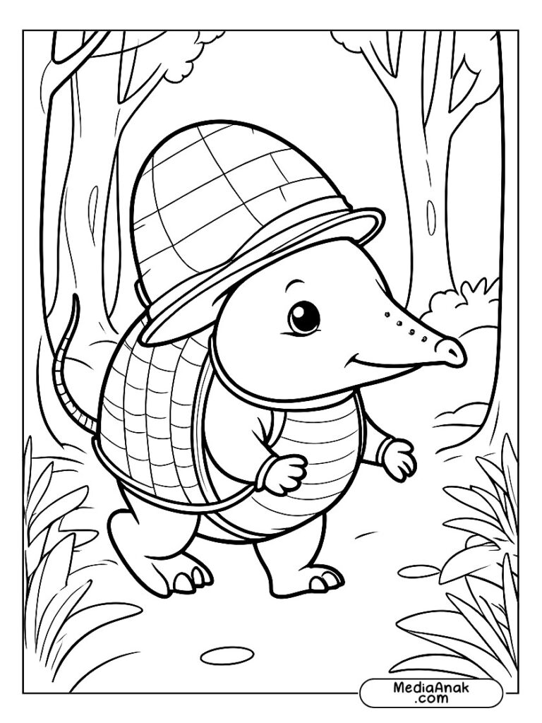 Armadillo kecil memakai topi penjelajah di tengah hutan.