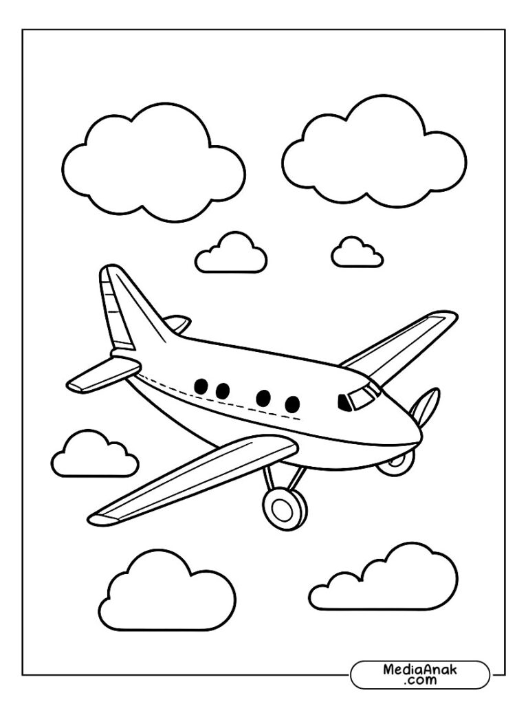Pesawat terbang di langit dengan awan di sekitarnya, siap untuk diwarnai.