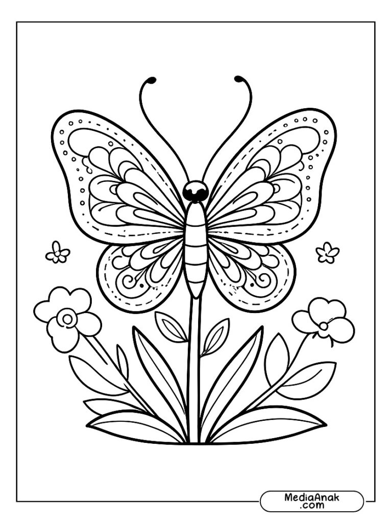 Gambar kupu-kupu lucu di atas bunga.