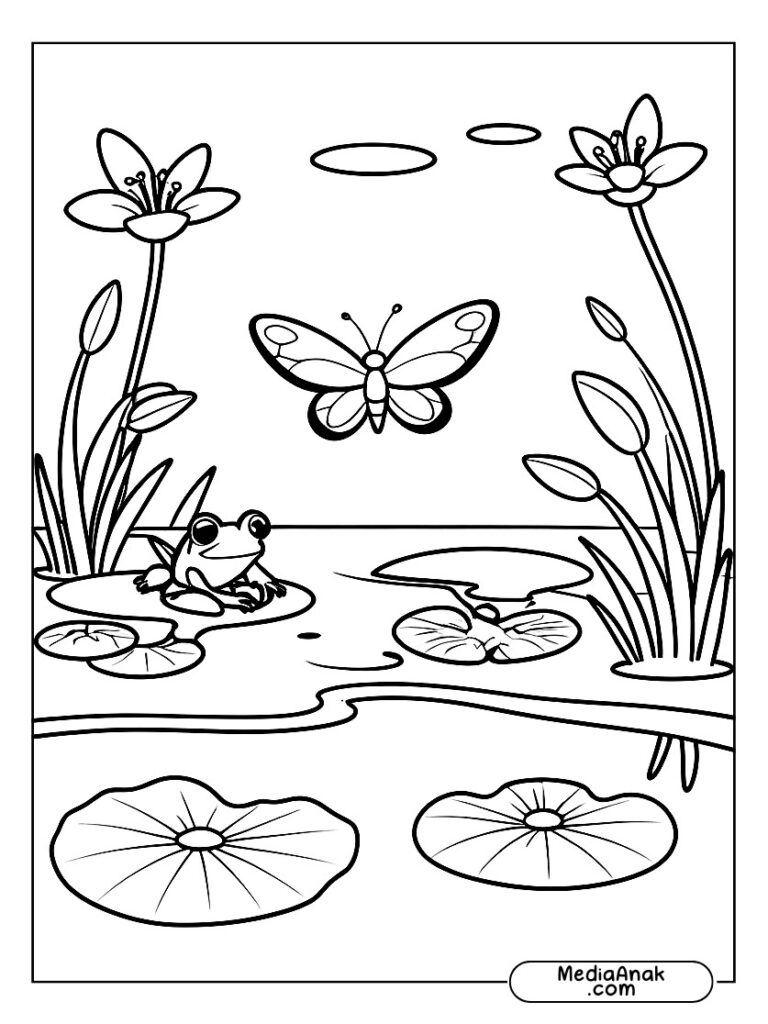 Kupu-kupu terbang di atas kolam dengan bunga teratai.