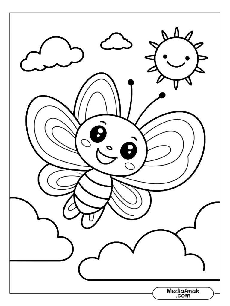 Kupu-kupu bermain di langit dengan matahari tersenyum.