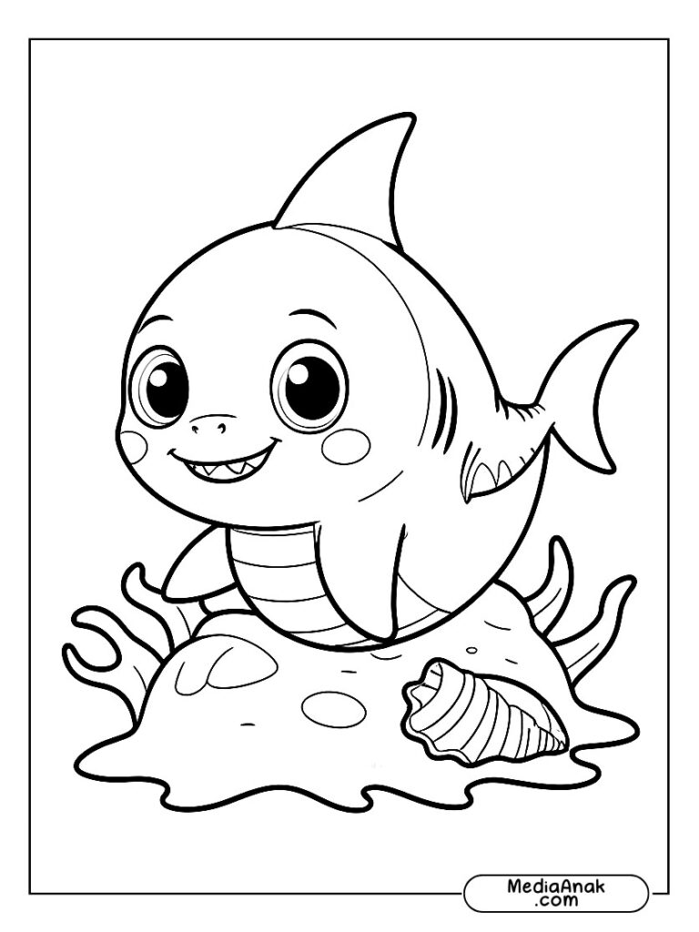 Sketsa hiu imut dengan mata besar, bermain dengan kerang laut.