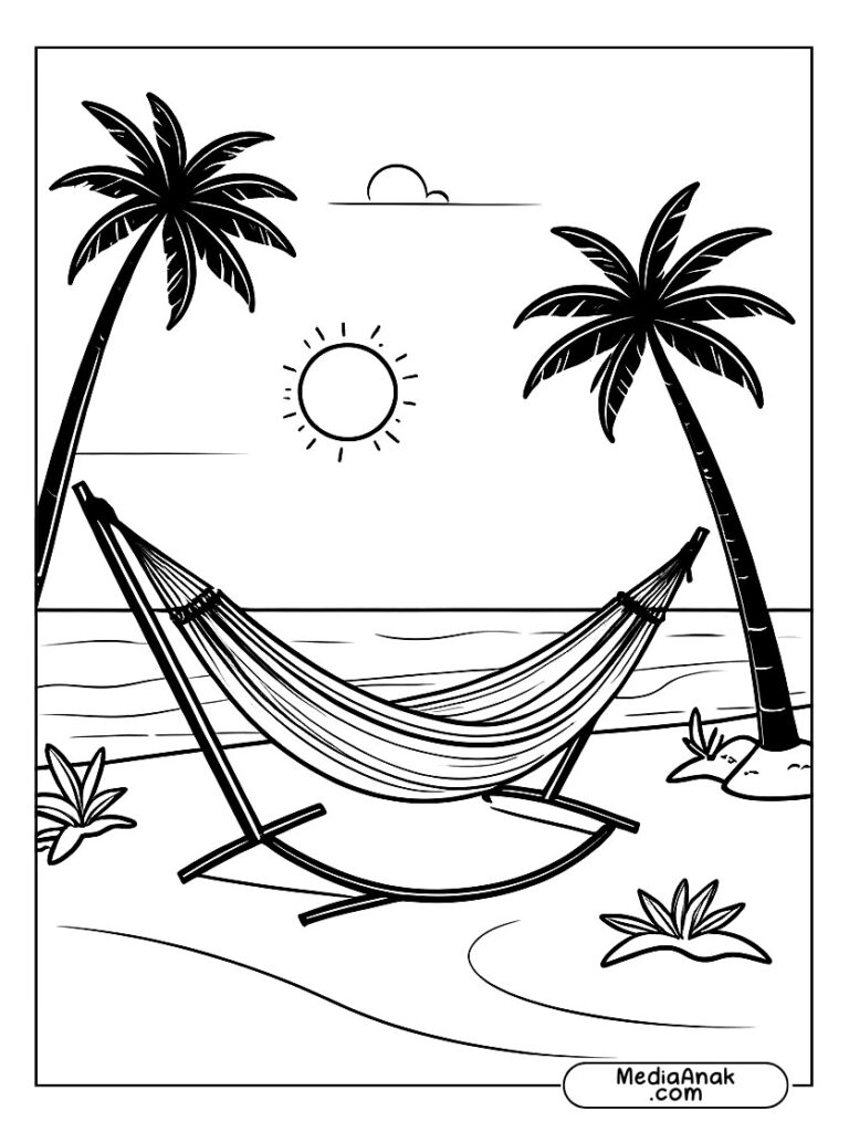 Ilustrasi garis hammock tergantung di antara dua pohon kelapa di tepi pantai saat matahari terbenam.