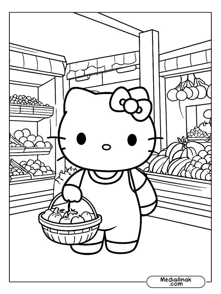 Gambar sketsa mewarnai Hello Kitty membawa keranjang belanja penuh buah dan sayur di pasar