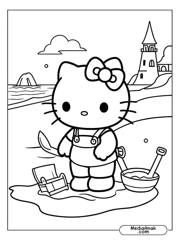 Gambar sketsa mewarnai Hello Kitty memakai baju kodok sedang bermain pasir dan menemukan peti harta karun di pantai.