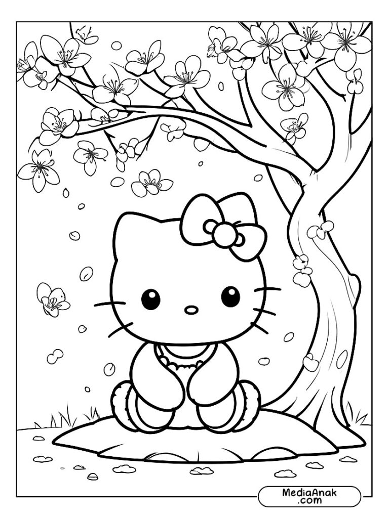 Gambar sketsa mewarnai Hello Kitty sedang duduk santai di bawah pohon sakura yang sedang mekar.