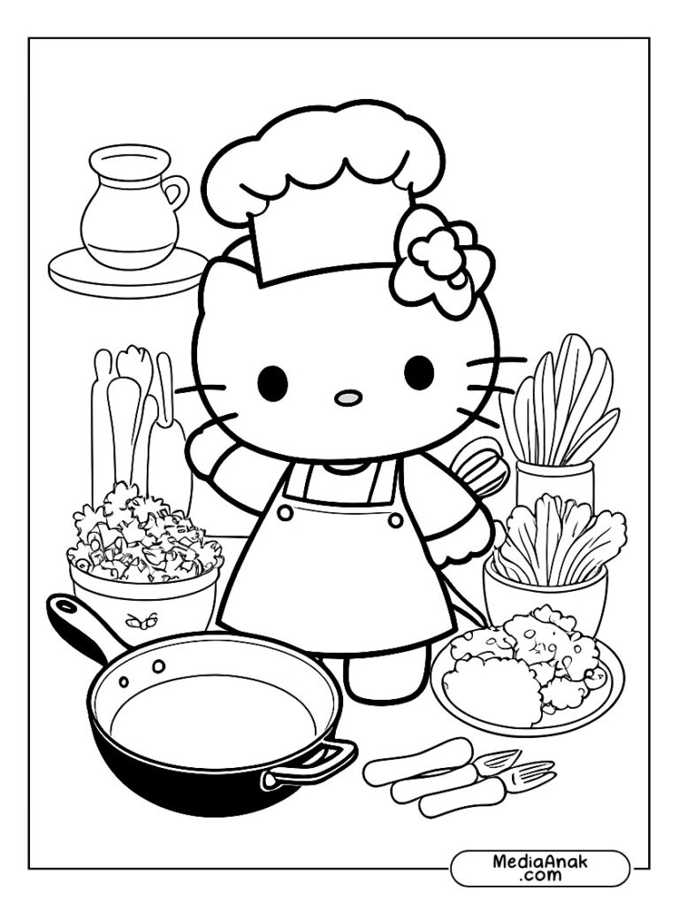 Gambar sketsa mewarnai Hello Kitty memakai baju koki sedang memasak di dapur