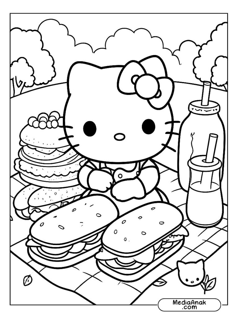 Gambar sketsa mewarnai Hello Kitty sedang piknik di taman dengan banyak makanan seperti sandwich dan pancake