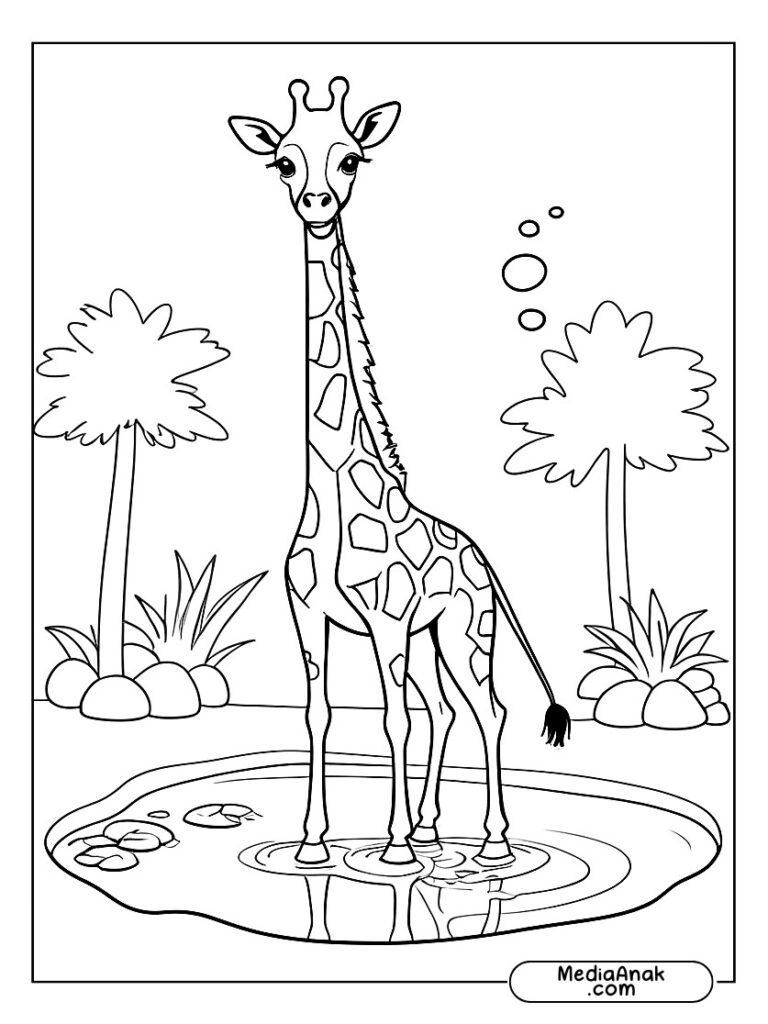 Gambar jerapah menundukkan lehernya untuk minum dari kolam kecil.