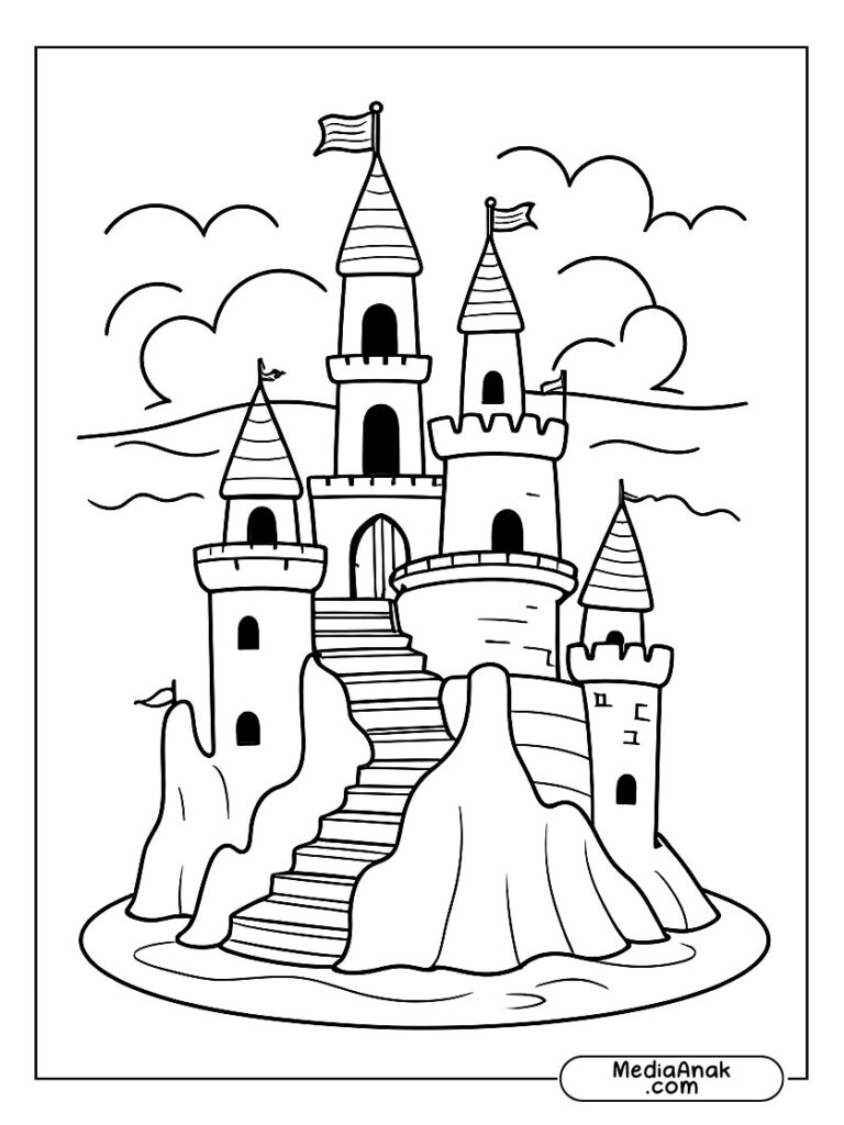 Ilustrasi kastil pasir bertingkat dengan tangga kecil, menara, dan ombak di sekitarnya.