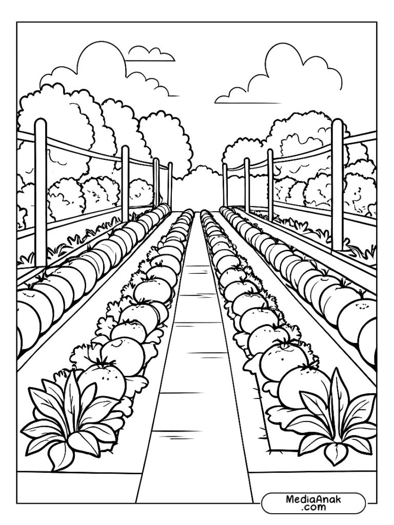 Gambar kebun sayur dengan tomat, wortel, dan kol tumbuh berbaris.