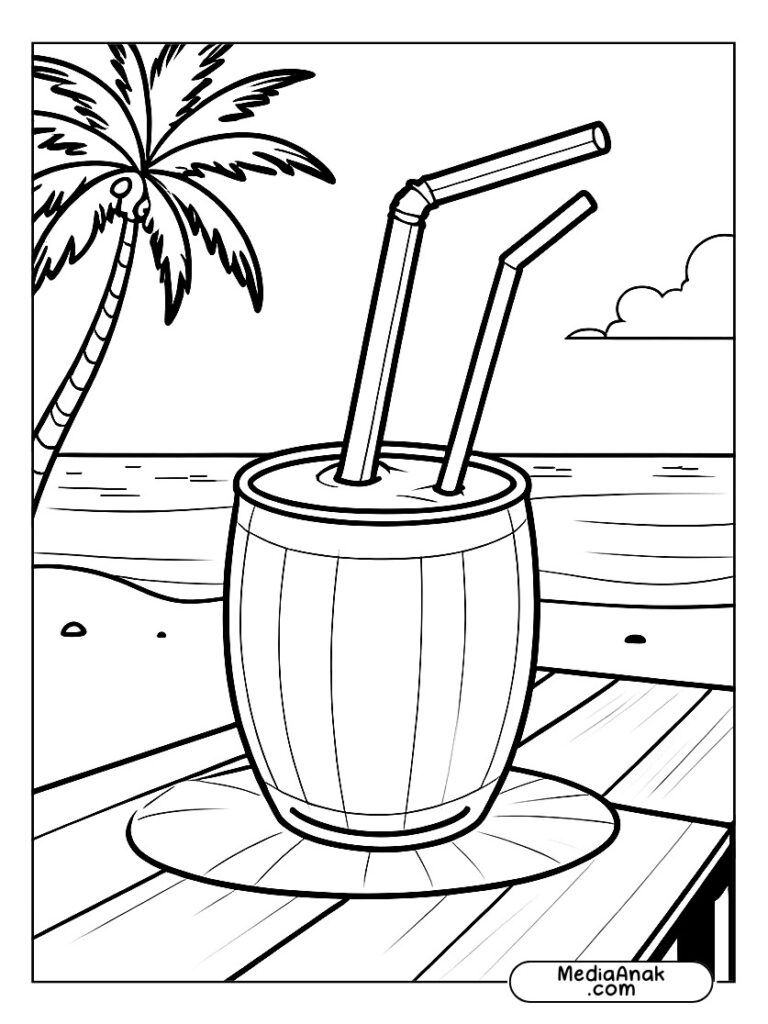 Minuman kelapa dengan sedotan di atas meja kayu di pantai.