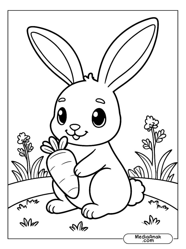 Ilustrasi kelinci lucu duduk di padang rumput sambil memegang wortel besar.