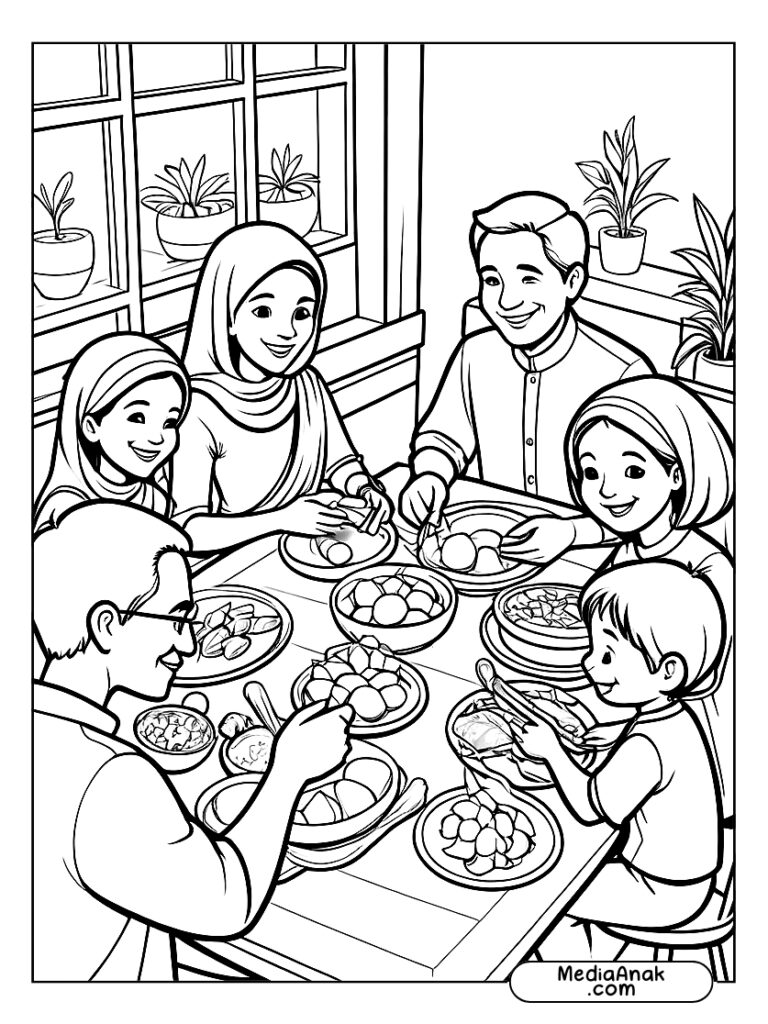 mewarnai idul fitri keluarga sedang makan bersama