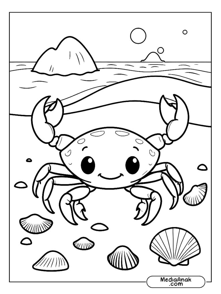 Kepiting ramah di pantai dengan kerang dan ombak kecil yang mendekat.
