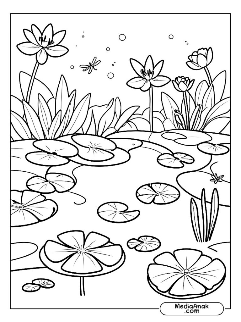 mewarnai Gambar taman dengan kolam kecil, bunga teratai, katak, dan capung.