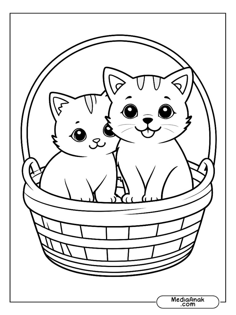 Anak kucing dan anak anjing duduk bersama di dalam keranjang, tampak akrab.