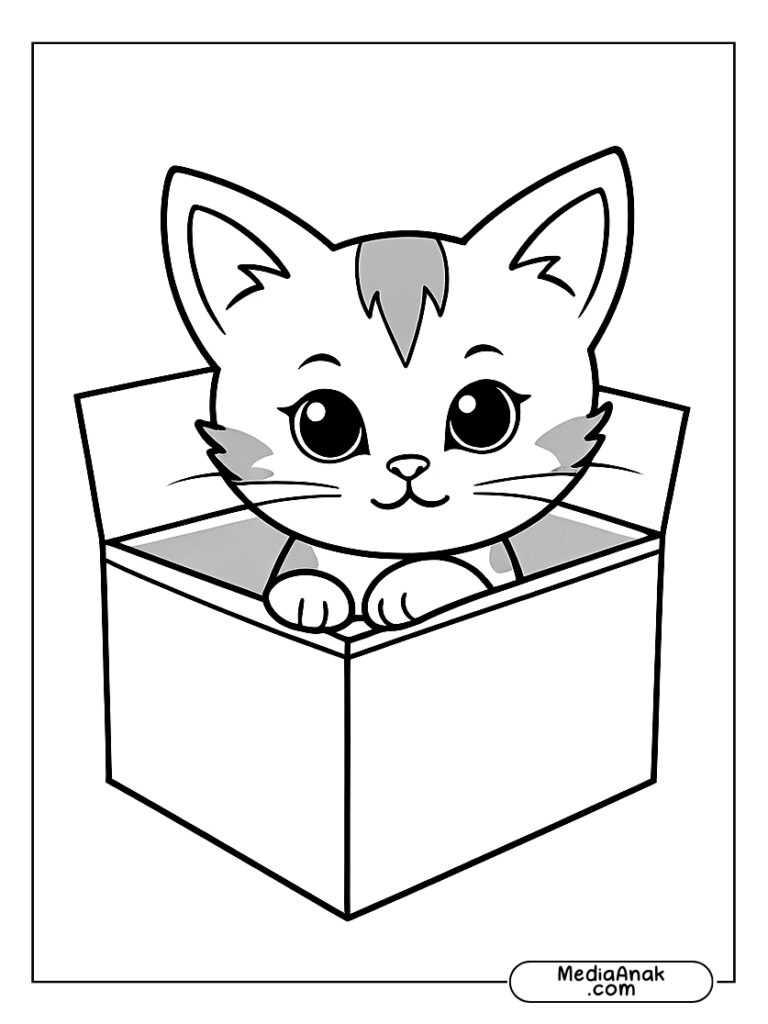 Anak kucing mengintip keluar dari dalam kotak kardus.