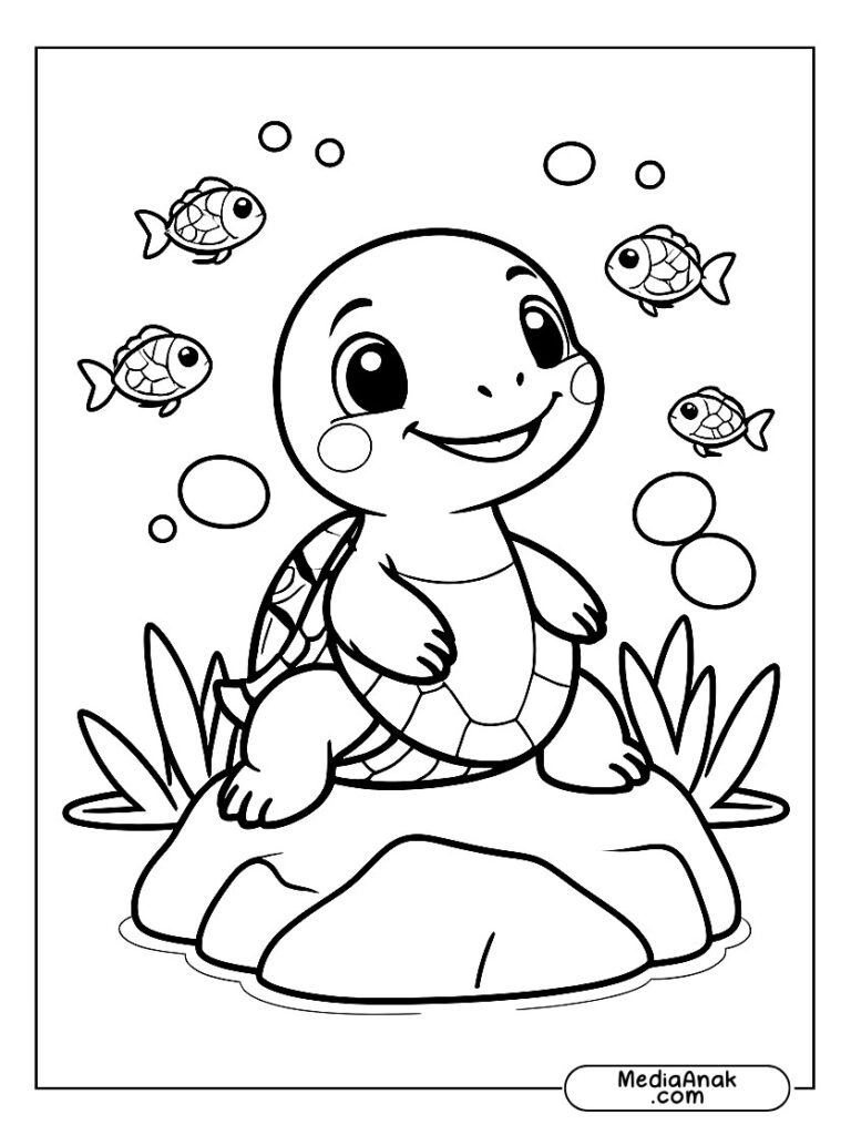 Gambar kura-kura kecil tersenyum di atas batu dekat kolam dengan ikan dan bunga teratai.