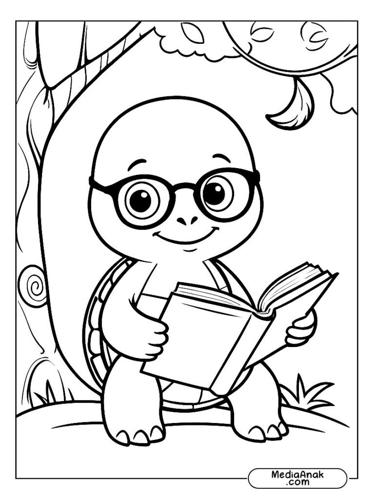 Gambar kura-kura memakai kacamata dan membaca buku di bawah pohon.