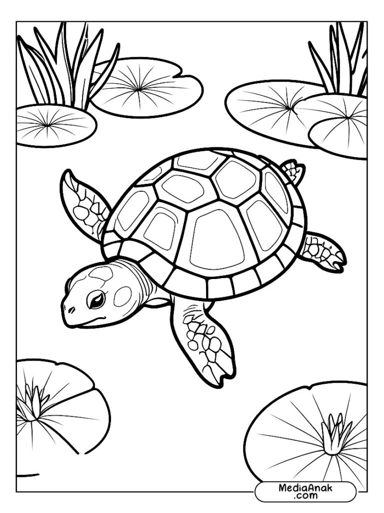Gambar kura-kura mengapung di atas daun teratai di kolam yang tenang.