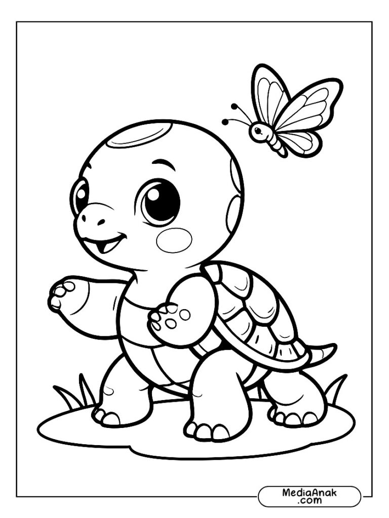 Gambar bayi kura-kura bermain dengan kupu-kupu, mencoba menyentuhnya.