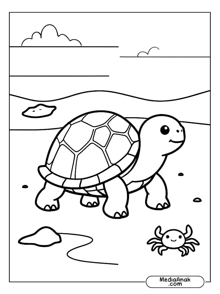 Gambar kura-kura memakai topi kecil berjalan di pantai dengan kepiting melambai.