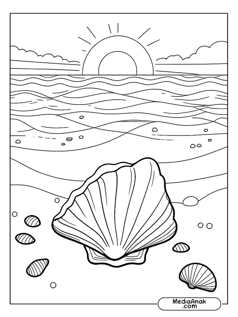 Matahari terbit di atas laut dengan ombak kecil dan kerang di pantai.