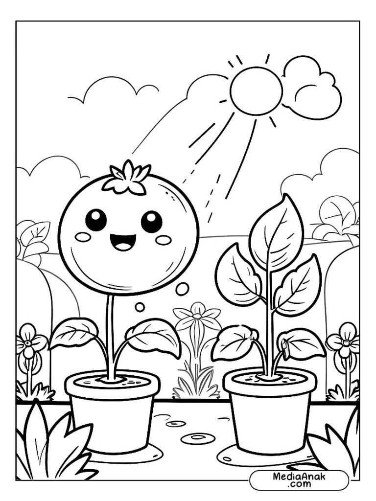 Tomat dan mentimun sedang menyiram tanaman sayur kecil di kebun.
