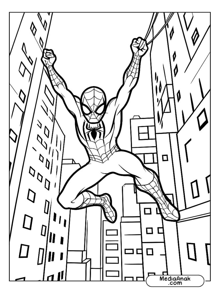 mewarnai Spiderman berayun di antara gedung-gedung dengan latar kota.