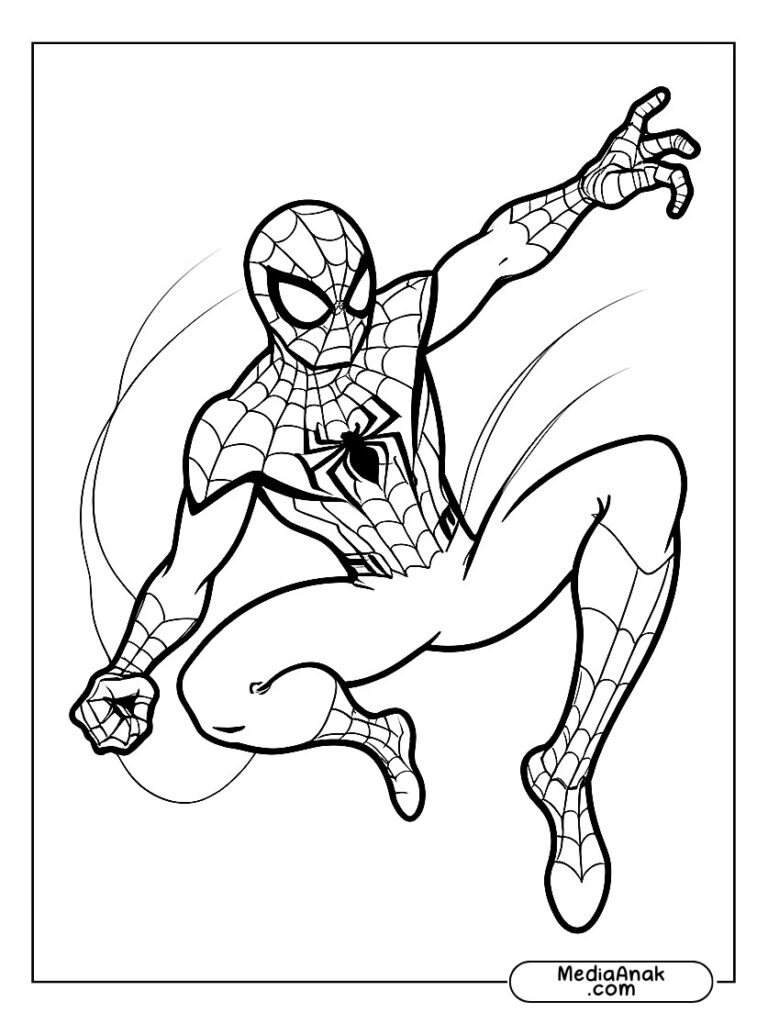 Spiderman bertarung melawan penjahat dalam pose aksi.