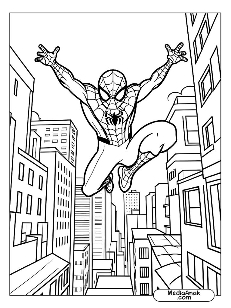 mewarnai Spiderman melompat dari satu atap ke atap lainnya.