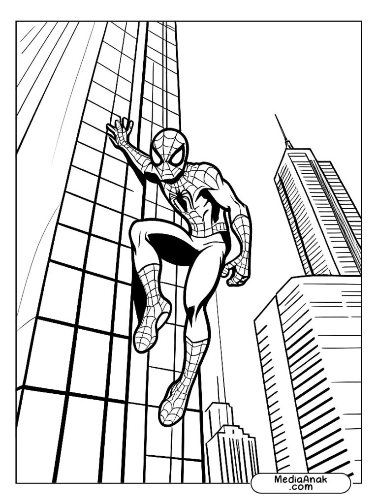 Spiderman sedang memanjat gedung tinggi dengan cekatan.