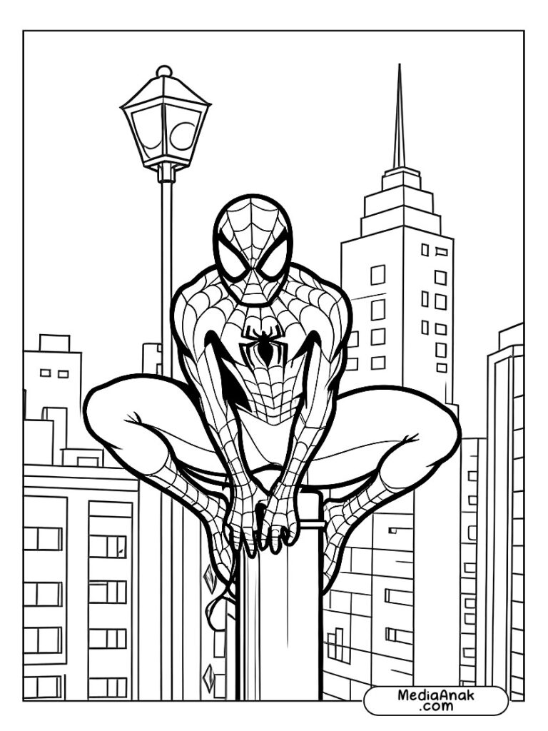Spiderman duduk di atas lampu jalan sambil mengamati kota.
