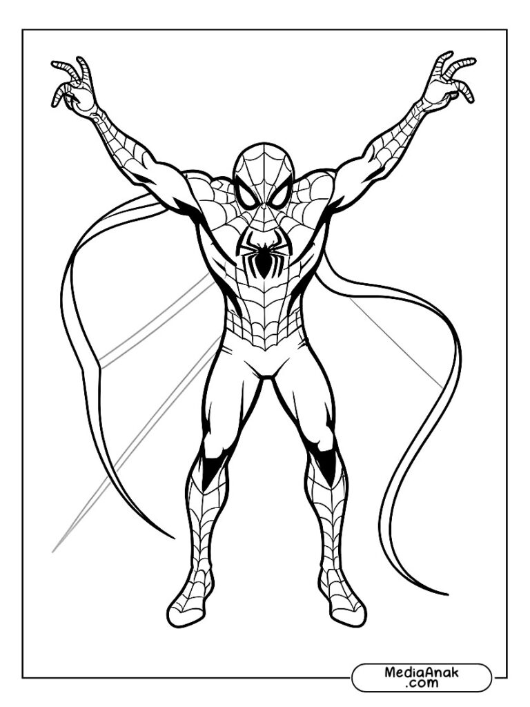 Spiderman berdiri gagah dengan tangan menyilang.