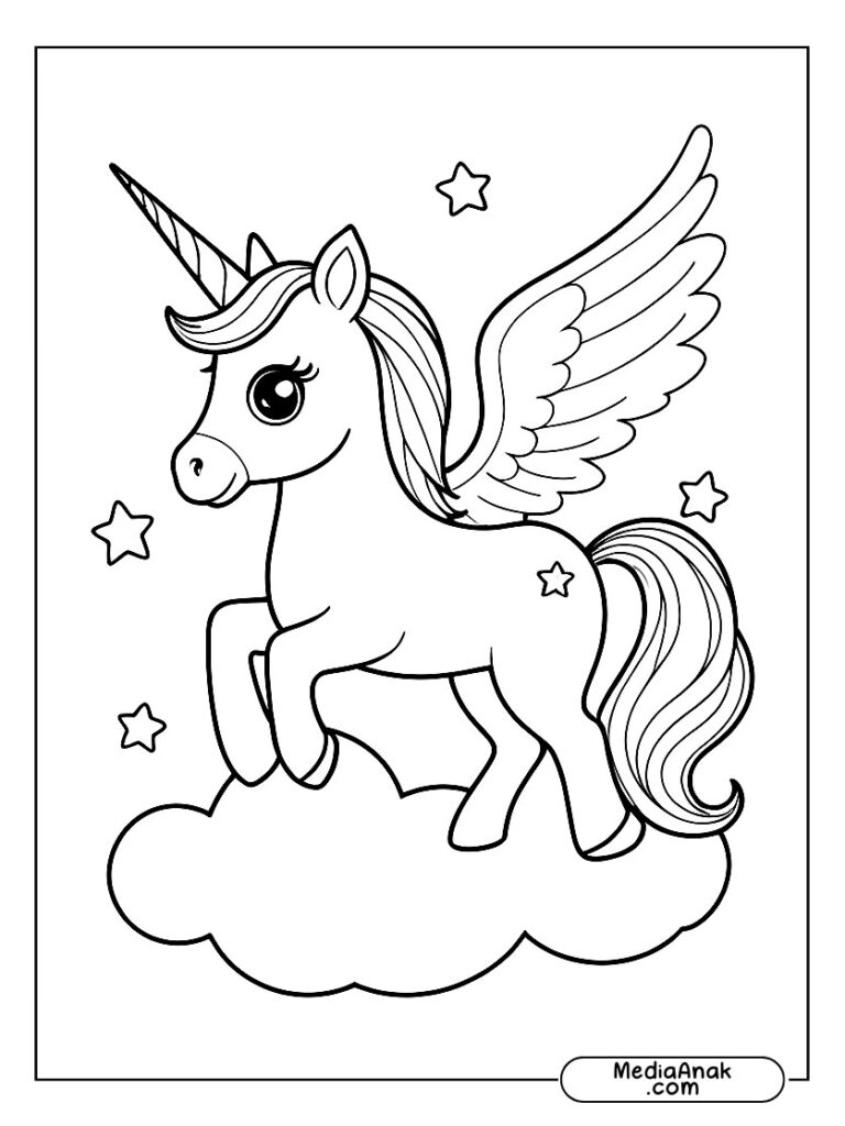 Unicorn bersayap terbang di antara awan.