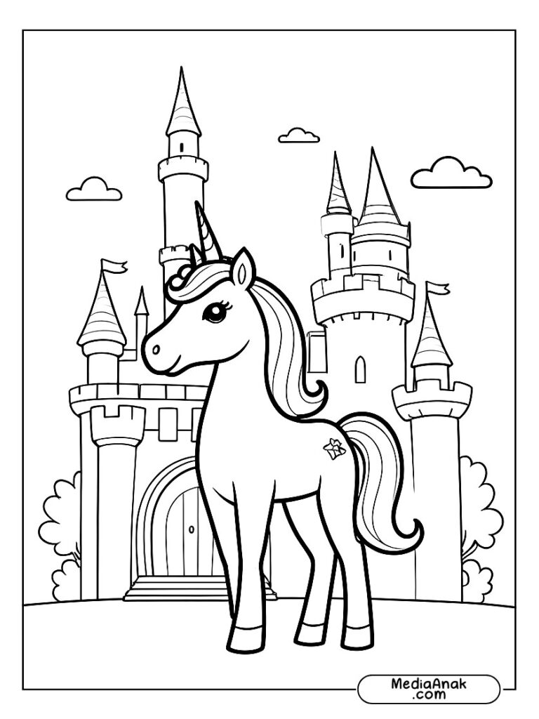 Unicorn putri dengan mahkota berdiri di depan kastil ajaib.