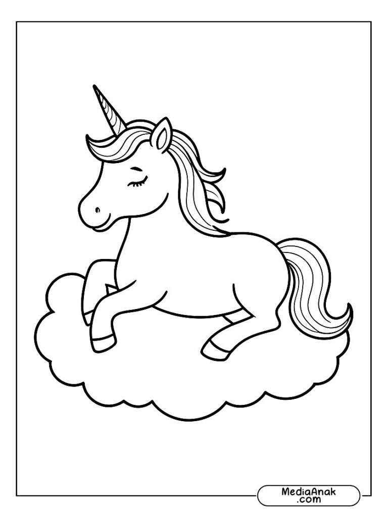 mewarnai Unicorn tidur nyenyak di atas awan lembut.